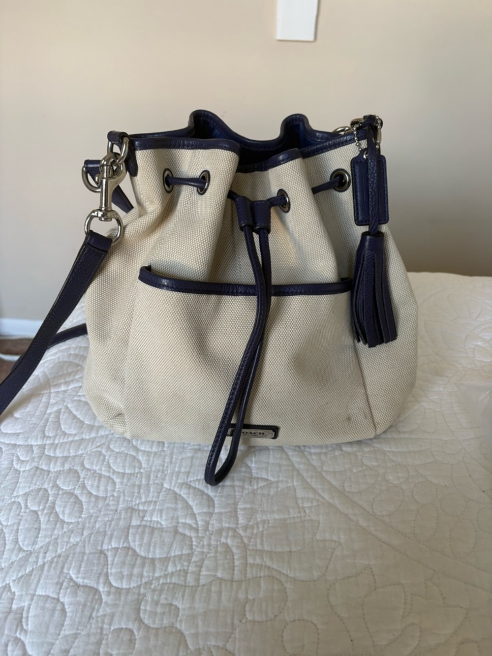Coach Canvas Drawstring Bucket Bag with Navy Trim